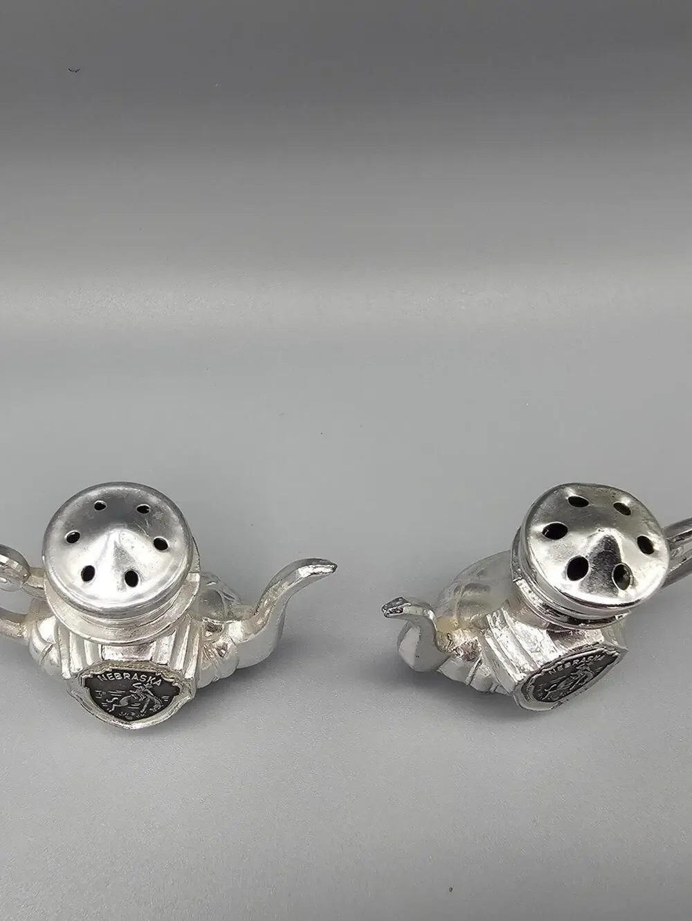 Vintage Nebraska Teapot Salt and Pepper Shakers Pair Silver Tone Souvenir